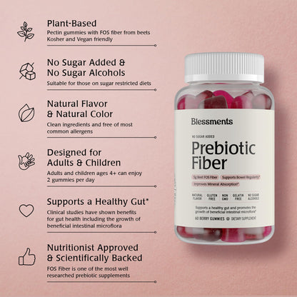Blessments - Prebiotic Fiber Gummies for Adults & Kids with No Added Sugar- 5g (60 Count) High Fiber Supplement Gummies - Vegan - Keto Friendly - Digestive Health Supplements - PrimeBioHealth - canada supplements