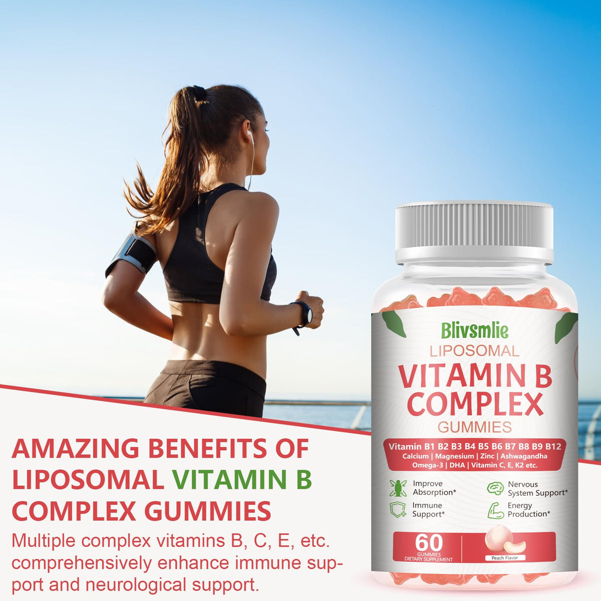 Blivsmlie 2 Pack 33-in-1 Liposomal Vitamin B Complex Gummies -B1, B2, B3, B4, B5, B6, B7, B8, B9,B12 | Vitamin C, D3,K2|Calcium,Magnesiun,Zinc etc.for Energy - PrimeBioHealth - canada supplements