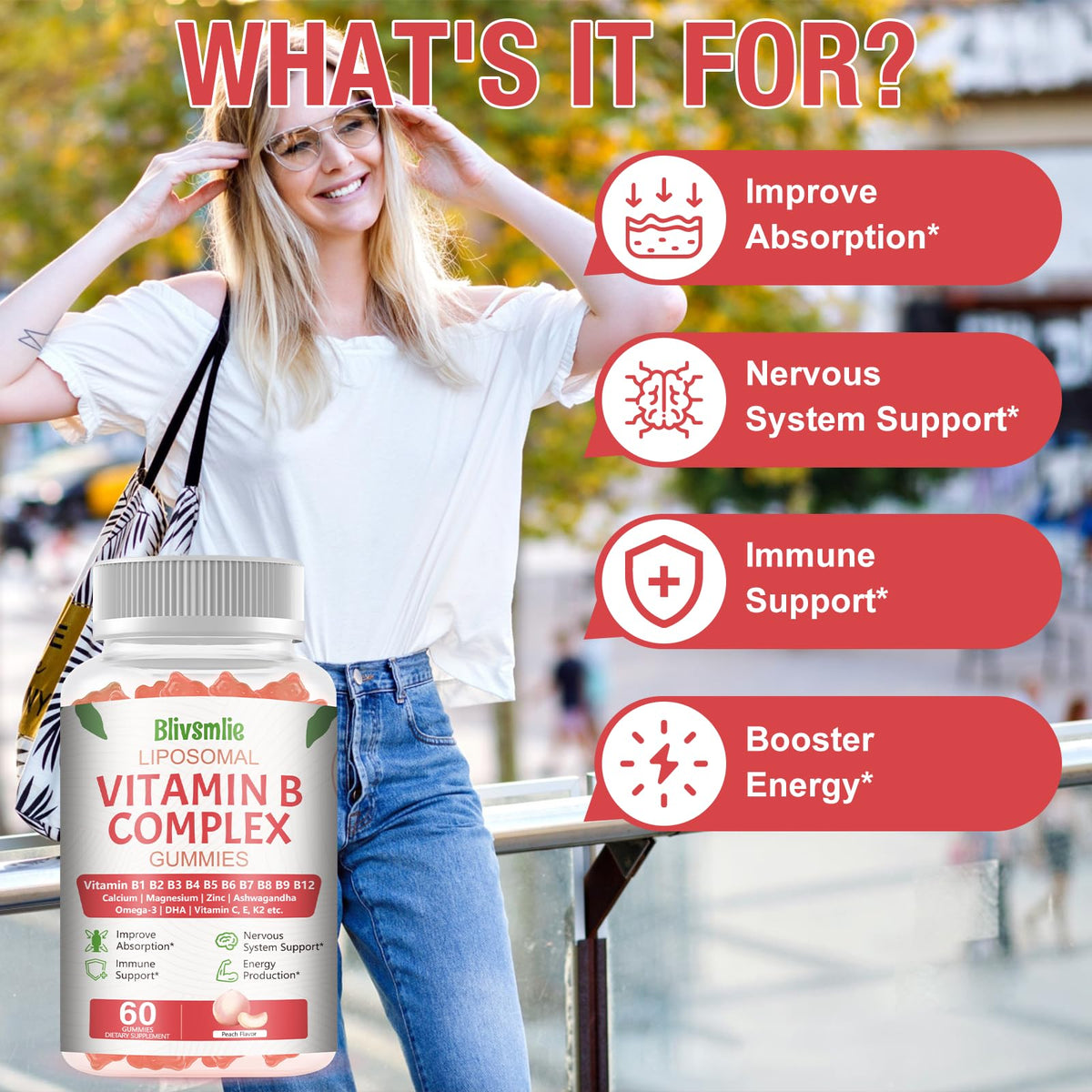 Blivsmlie 2 Pack 33-in-1 Liposomal Vitamin B Complex Gummies -B1, B2, B3, B4, B5, B6, B7, B8, B9,B12 | Vitamin C, D3,K2|Calcium,Magnesiun,Zinc etc.for Energy - PrimeBioHealth - canada supplements