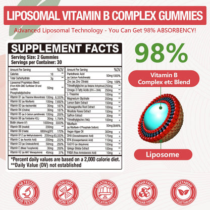 Blivsmlie 2 Pack 33-in-1 Liposomal Vitamin B Complex Gummies -B1, B2, B3, B4, B5, B6, B7, B8, B9,B12 | Vitamin C, D3,K2|Calcium,Magnesiun,Zinc etc.for Energy - PrimeBioHealth - canada supplements