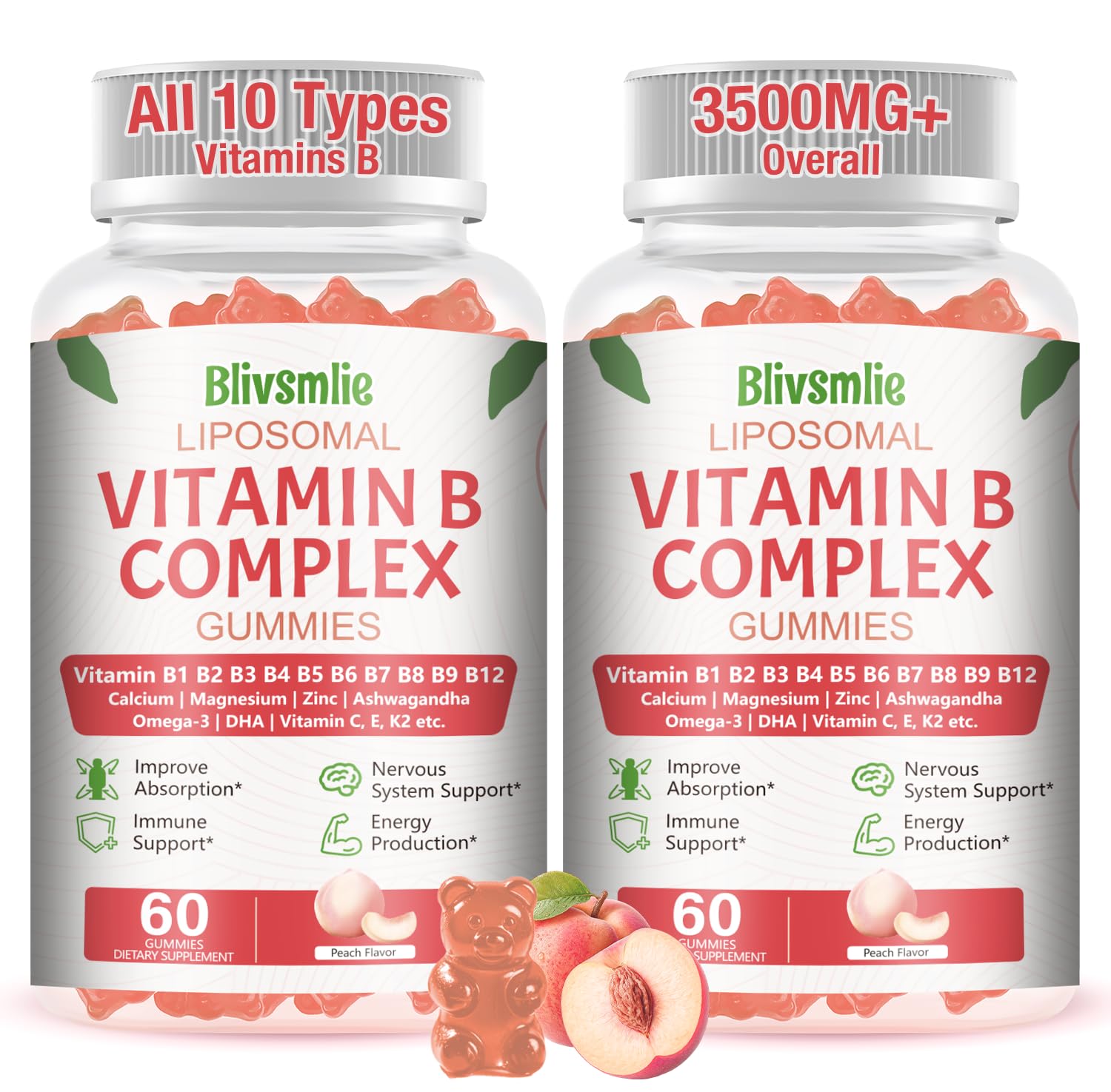 Blivsmlie 2 Pack 33-in-1 Liposomal Vitamin B Complex Gummies -B1, B2, B3, B4, B5, B6, B7, B8, B9,B12 | Vitamin C, D3,K2|Calcium,Magnesiun,Zinc etc.for Energy - PrimeBioHealth - canada supplements