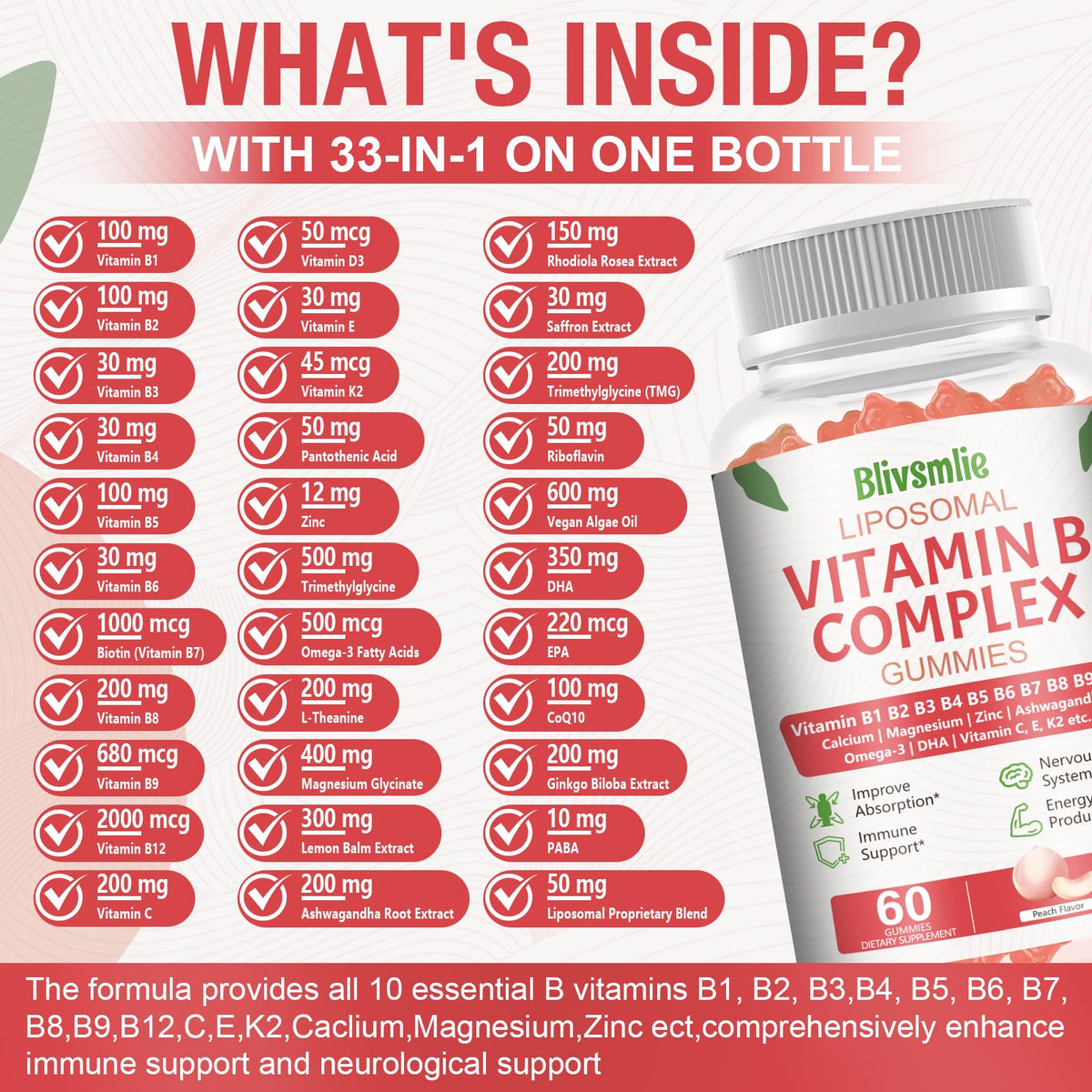 Blivsmlie 2 Pack 33-in-1 Liposomal Vitamin B Complex Gummies -B1, B2, B3, B4, B5, B6, B7, B8, B9,B12 | Vitamin C, D3,K2|Calcium,Magnesiun,Zinc etc.for Energy - PrimeBioHealth - canada supplements