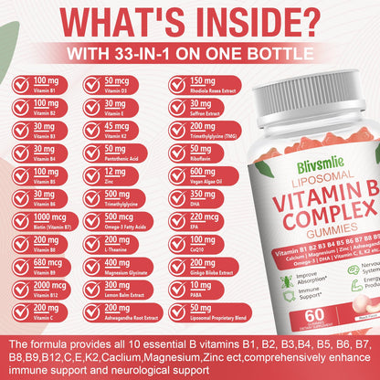 Blivsmlie 2 Pack 33-in-1 Liposomal Vitamin B Complex Gummies -B1, B2, B3, B4, B5, B6, B7, B8, B9,B12 | Vitamin C, D3,K2|Calcium,Magnesiun,Zinc etc.for Energy - PrimeBioHealth - canada supplements