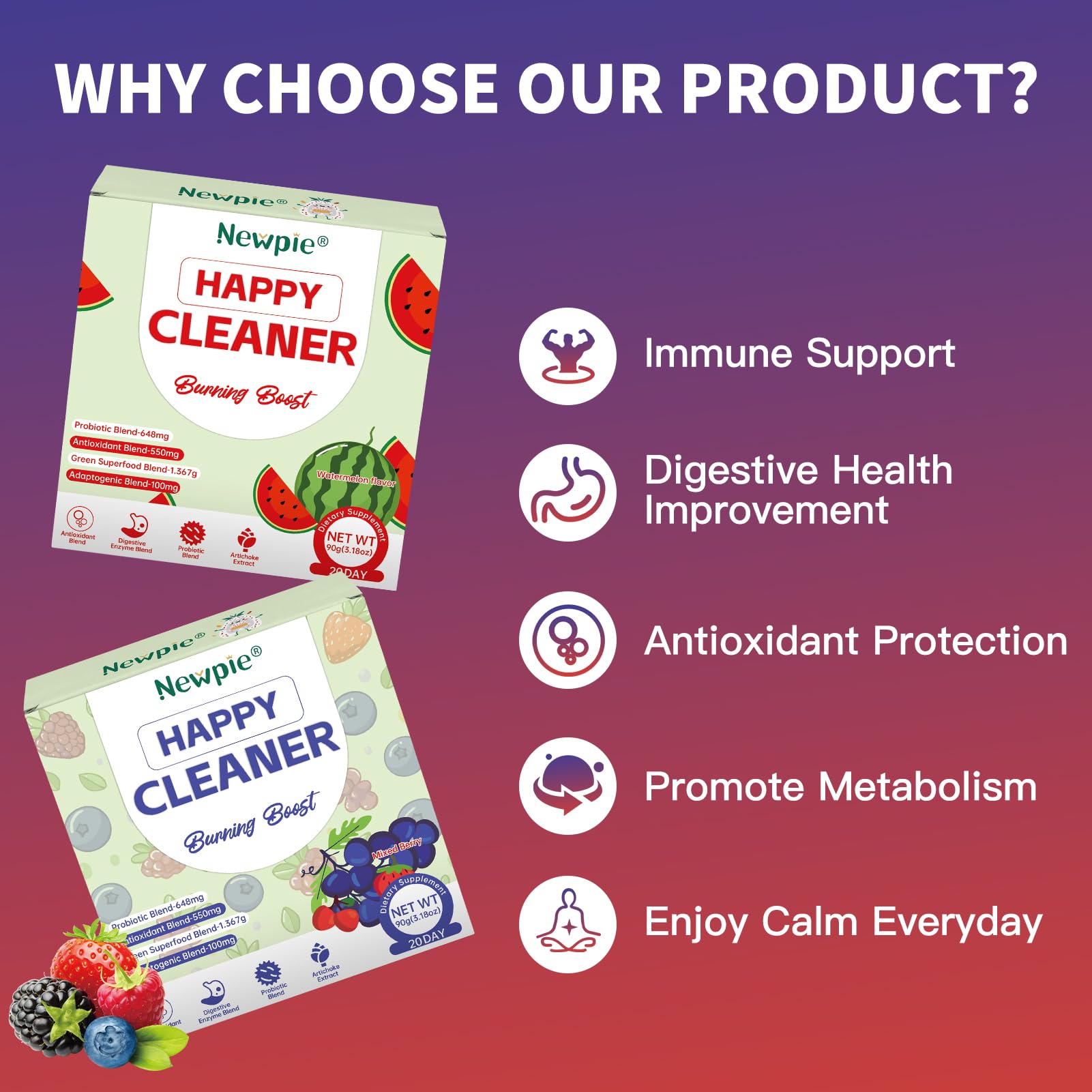 Blltzzz Newpie Superfoods Happy Cleaner Probiotic Powder,Watermelon Flavor Prebiotic & Probiotic Powder,Organic Fiber,Sugar Free,Gut Health,Natural Antioxidant - PrimeBioHealth - canada supplements