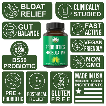 Bloat and Gas Probiotic - Proven Relief with Clinically Studied Bacillus Subtilis BS50 + Prebiotic Fiber - Fast Acting Anti Bloating Pills Supplement - PrimeBioHealth - canada supplements
