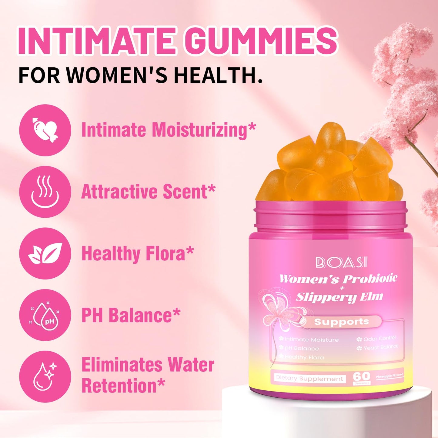 Boasi Women's Probiotics Slippery Elm Gummies,Her Juicy PH Balance,Vaginal Feminine Probiotics Pineapple Gummies,Digestive,Immune Health - PrimeBioHealth - canada supplements