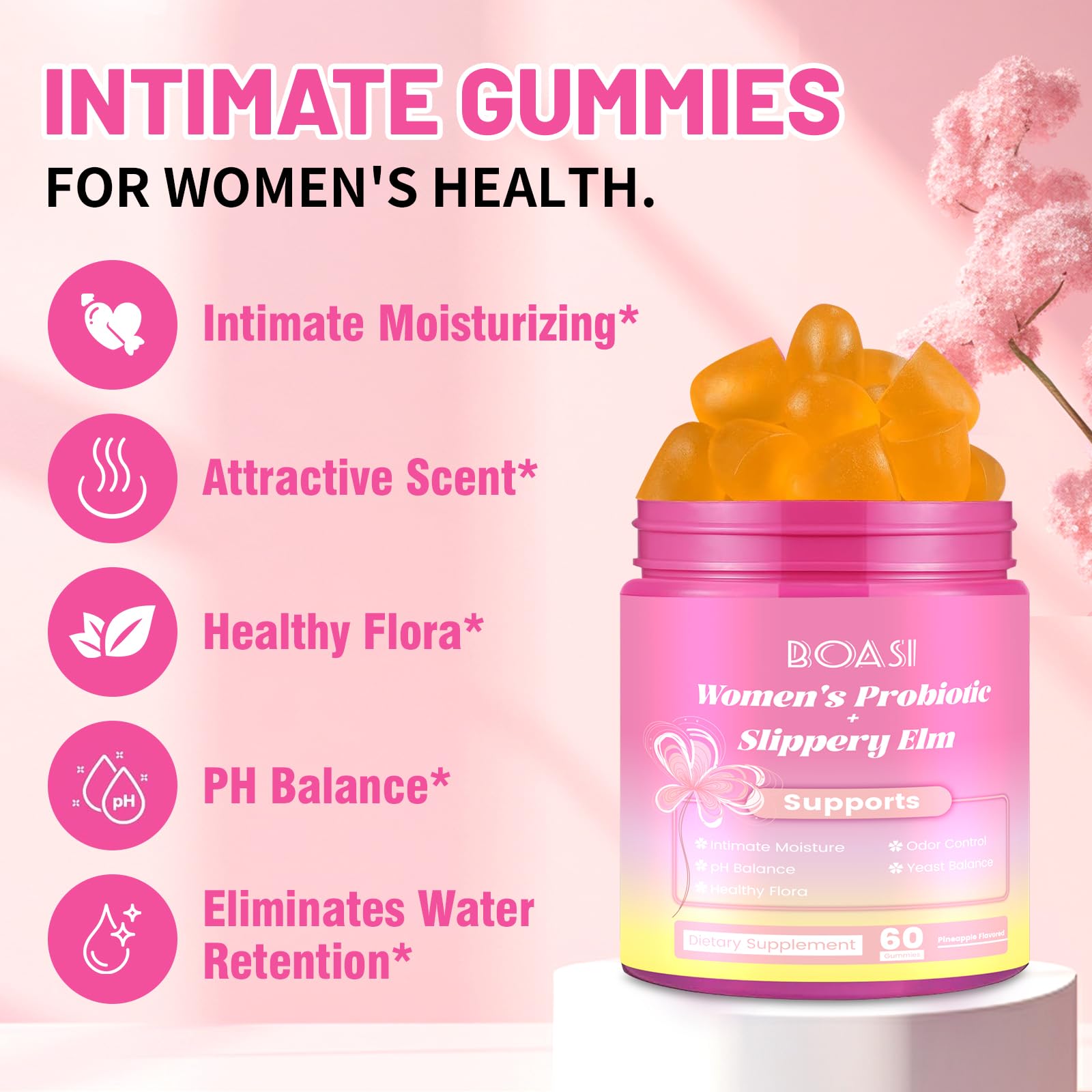 Boasi Women's Probiotics Slippery Elm Gummies,Her Juicy PH Balance,Vaginal Feminine Probiotics Pineapple Gummies,Digestive,Immune Health - PrimeBioHealth - canada supplements