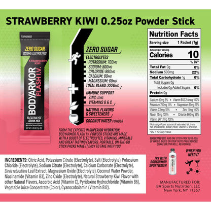 BODYARMOR Flash IV Electrolyte Packets, Strawberry Kiwi - Zero Sugar Drink Mix, Single Serve Packs, Coconut Water Powder (15 Count) - PrimeBioHealth - canada supplements