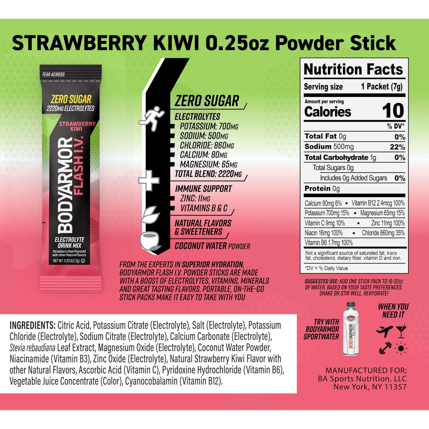 BODYARMOR Flash IV Electrolyte Packets, Strawberry Kiwi - Zero Sugar Drink Mix, Single Serve Packs, Coconut Water Powder (6 Count) - PrimeBioHealth - canada supplements