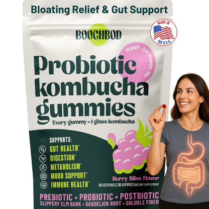 BoochBod - Probiotic Kombucha Gummy - Prebiotics, Probiotics, Postbiotics, Fiber Supplement, Slippery Elm, Dandelion Root - PrimeBioHealth - canada supplements