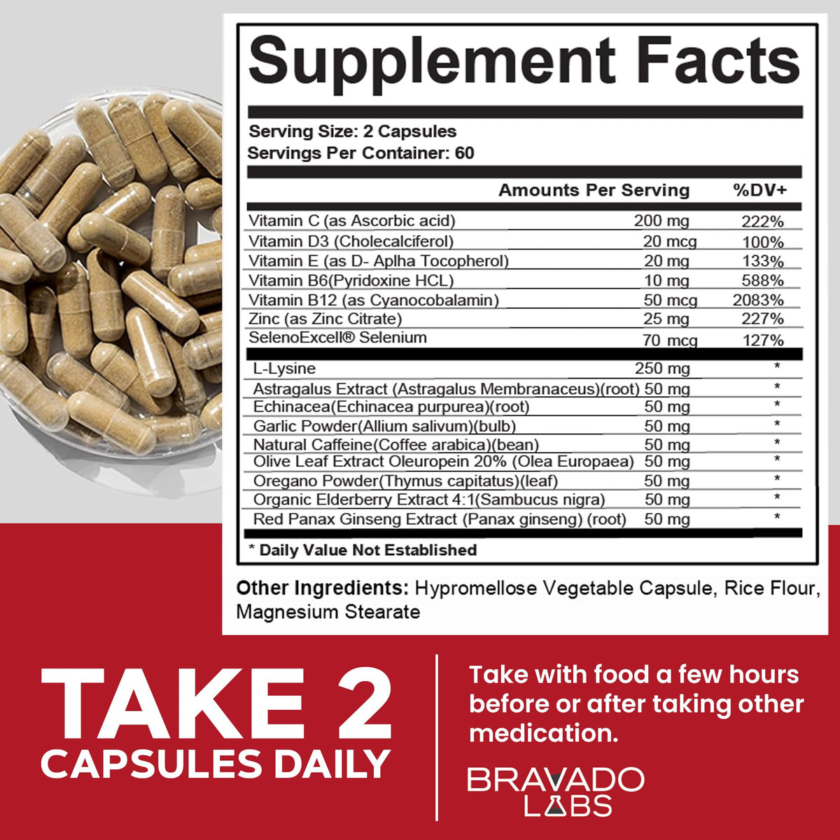 Bravado Labs L-Lysine 250mg Capsules – Immune & Cold Sore Support – Vegan, Non-GMO, Allergen-Free, 3rd-Party Tested - PrimeBioHealth - canada supplements