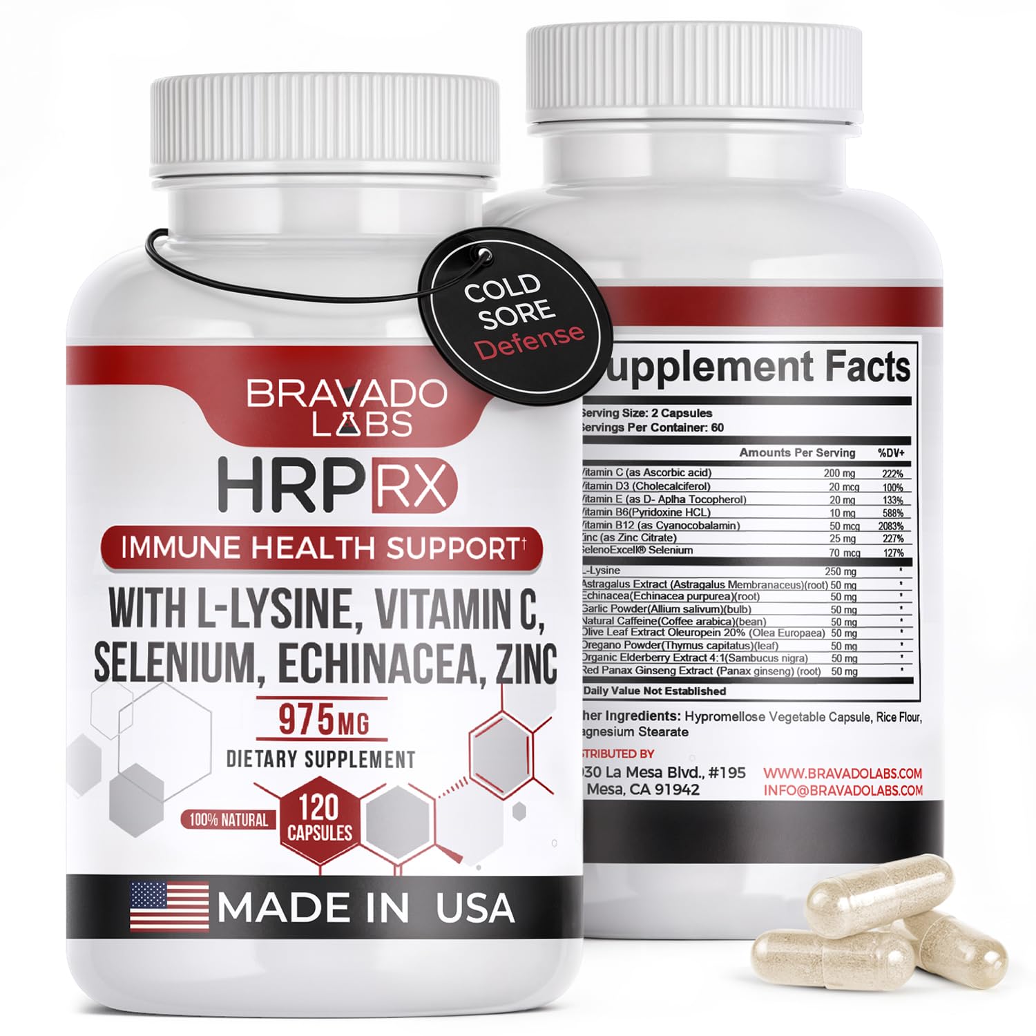 Bravado Labs L-Lysine 250mg Capsules – Immune & Cold Sore Support – Vegan, Non-GMO, Allergen-Free, 3rd-Party Tested - PrimeBioHealth - canada supplements
