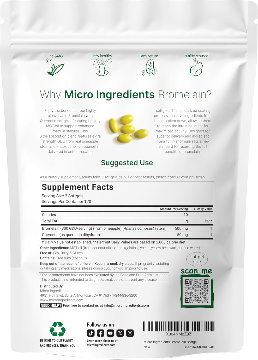 Bromelain 500mg with Quercetin & MCT Oil, 240 Enteric Coated Softgels | Ultra Absorption Bromelain Supplement | Natural Digestive Enzymes for Digestion & Joint Health | Non-GMO, Gluten Free - PrimeBioHealth - canada supplements