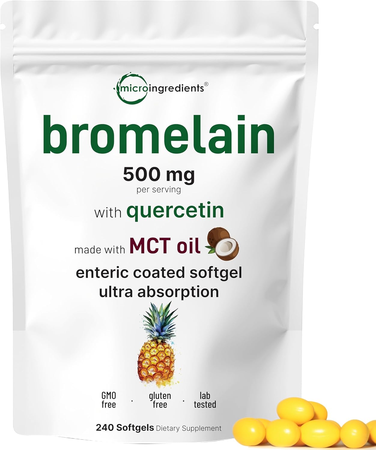 Bromelain 500mg with Quercetin & MCT Oil, 240 Enteric Coated Softgels | Ultra Absorption Bromelain Supplement | Natural Digestive Enzymes for Digestion & Joint Health | Non-GMO, Gluten Free - PrimeBioHealth - canada supplements