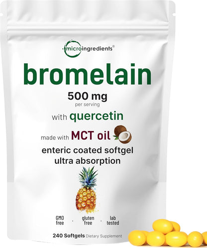 Bromelain 500mg with Quercetin & MCT Oil, 240 Enteric Coated Softgels | Ultra Absorption Bromelain Supplement | Natural Digestive Enzymes for Digestion & Joint Health | Non-GMO, Gluten Free - PrimeBioHealth - canada supplements