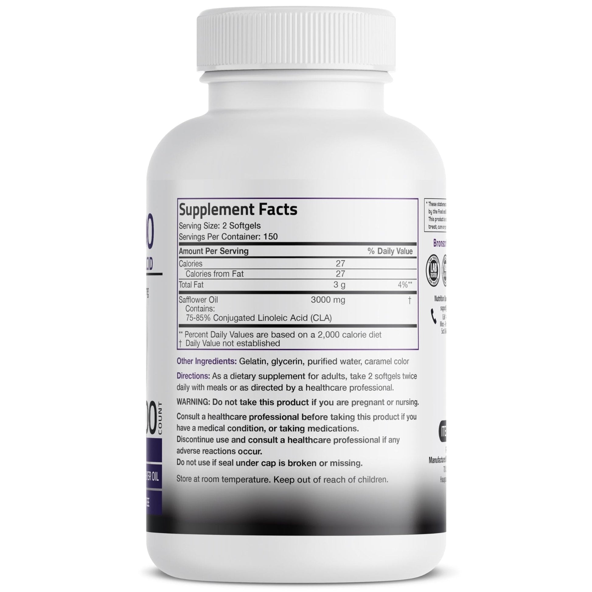 Bronson CLA 3000 Extra High Potency Supports Healthy Weight Management Lean Muscle Mass Non-Stimulating Conjugated Linoleic Acid 120 Softgels - PrimeBioHealth - canada supplements