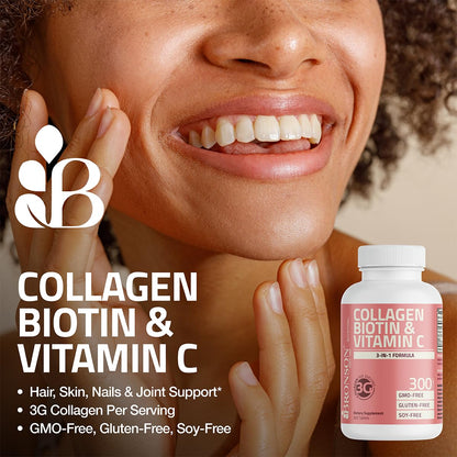 Bronson Collagen Peptides 3000mg (per Serving) with Biotin & Vitamin C - for Hair, Skin & Nails Support, Non-GMO, 90 Tablets - PrimeBioHealth - canada supplements