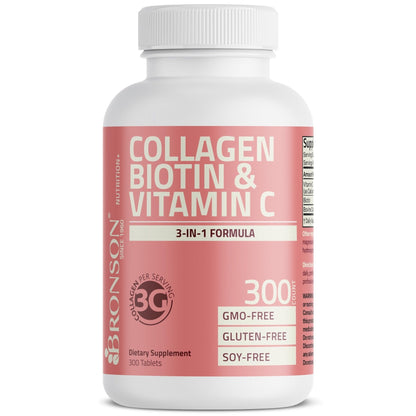 Bronson Collagen Peptides 3000mg (per Serving) with Biotin & Vitamin C - for Hair, Skin & Nails Support, Non-GMO, 90 Tablets - PrimeBioHealth - canada supplements