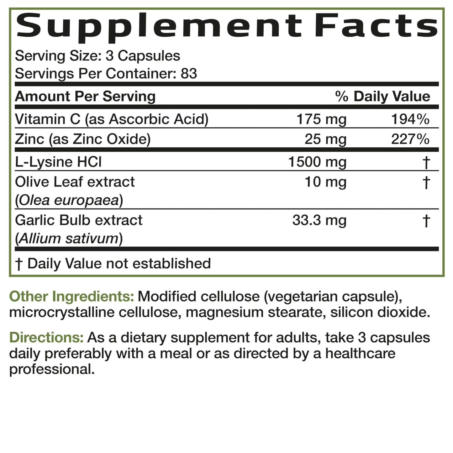Bronson L-Lysine Defense Immune Support Complex 1500 MG L-Lysine Plus Olive Leaf, Garlic, Vitamin C and Zinc - Non-GMO, 90 Vegetarian Capsules - PrimeBioHealth - canada supplements