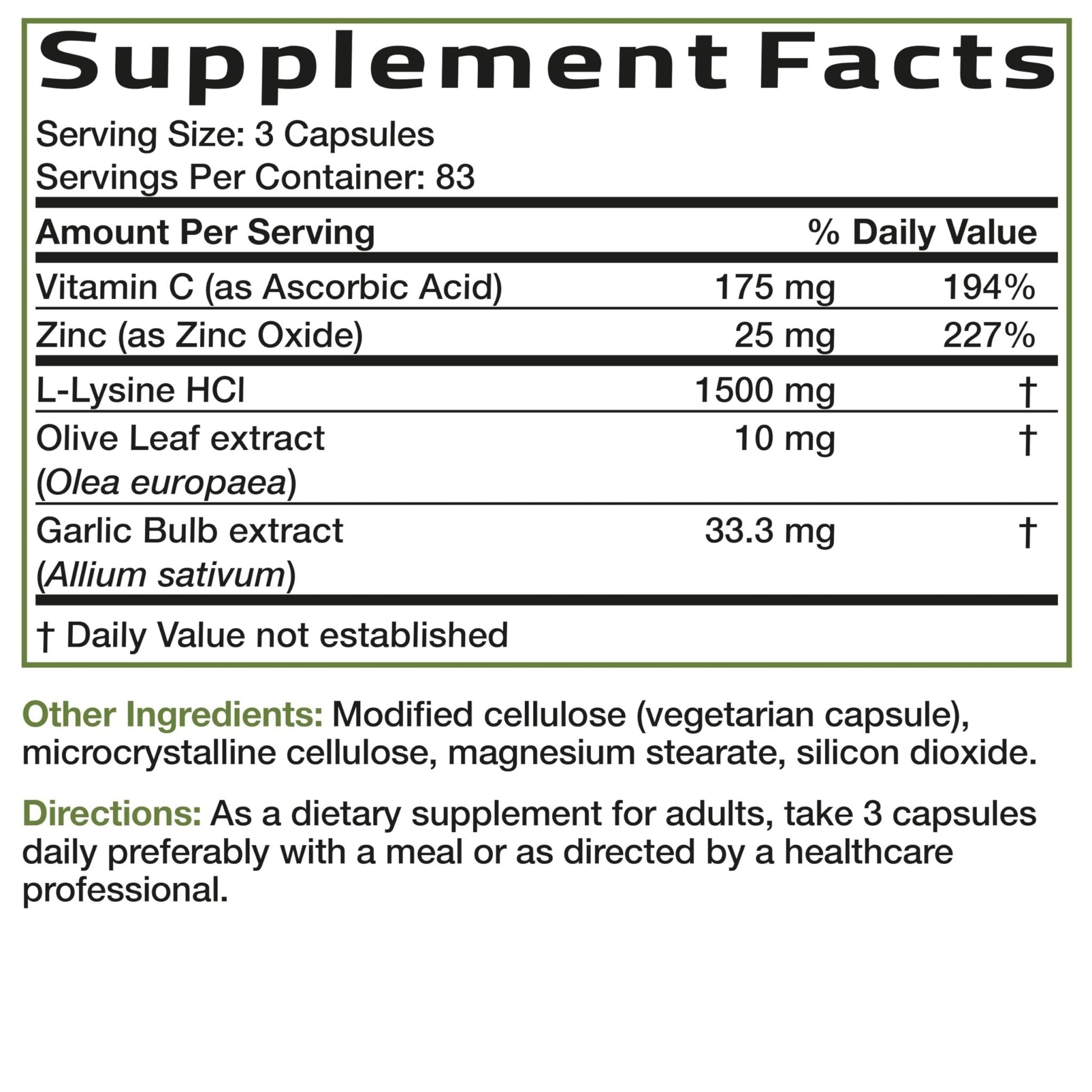 Bronson L-Lysine Defense Immune Support Complex 1500 MG L-Lysine Plus Olive Leaf, Garlic, Vitamin C and Zinc - Non-GMO, 90 Vegetarian Capsules - PrimeBioHealth - canada supplements