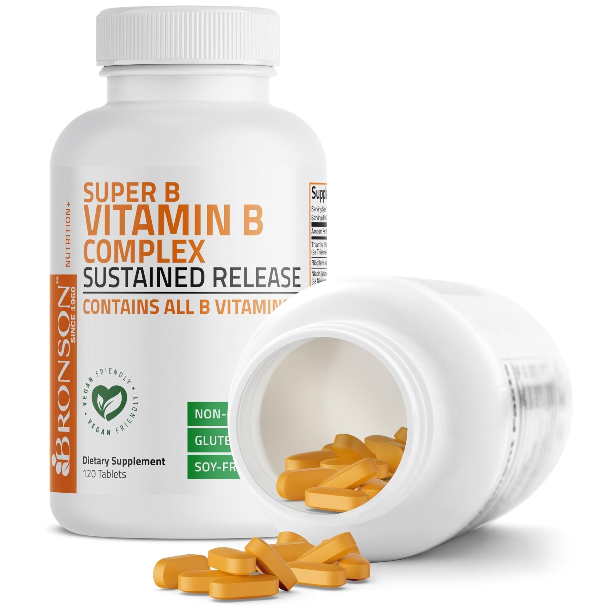 Bronson Super B Vitamin B Complex Sustained Slow Release (Vitamin B1, B2, B3, B6, B9 - Folic Acid, B12) Contains All B Vitamins 60 Tablets - PrimeBioHealth - canada supplements