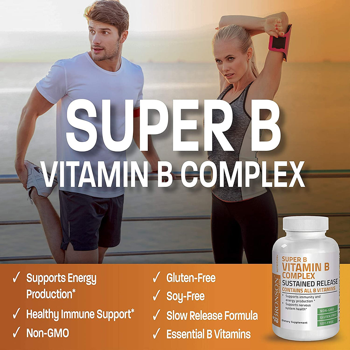 Bronson Super B Vitamin B Complex Sustained Slow Release (Vitamin B1, B2, B3, B6, B9 - Folic Acid, B12) Contains All B Vitamins 60 Tablets - PrimeBioHealth - canada supplements