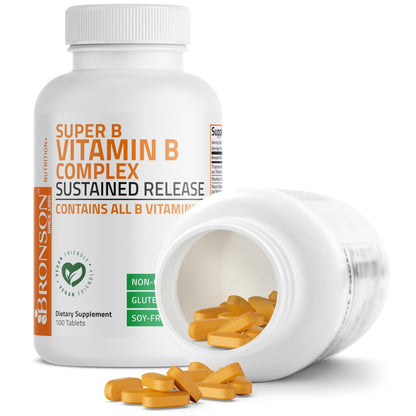 Bronson Super B Vitamin B Complex Sustained Slow Release (Vitamin B1, B2, B3, B6, B9 - Folic Acid, B12) Contains All B Vitamins 60 Tablets - PrimeBioHealth - canada supplements