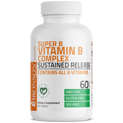 Bronson Super B Vitamin B Complex Sustained Slow Release (Vitamin B1, B2, B3, B6, B9 - Folic Acid, B12) Contains All B Vitamins 60 Tablets - PrimeBioHealth - canada supplements