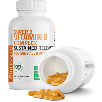 Bronson Super B Vitamin B Complex Sustained Slow Release (Vitamin B1, B2, B3, B6, B9 - Folic Acid, B12) Contains All B Vitamins 60 Tablets - PrimeBioHealth - canada supplements