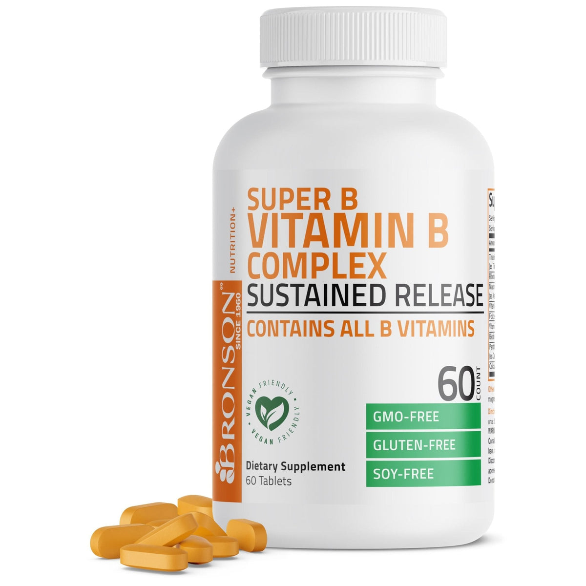 Bronson Super B Vitamin B Complex Sustained Slow Release (Vitamin B1, B2, B3, B6, B9 - Folic Acid, B12) Contains All B Vitamins 60 Tablets - PrimeBioHealth - canada supplements