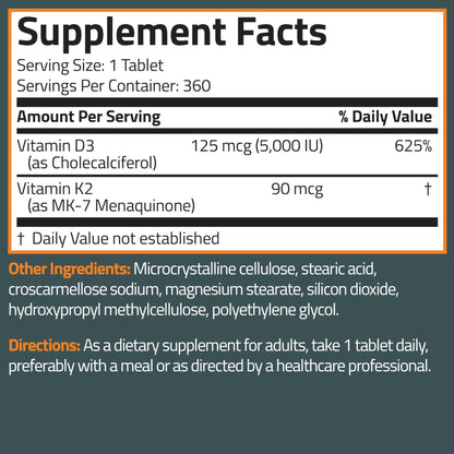 Bronson Vitamin K2 D3 (MK7) Supplement Non-GMO Formula Vitamin D3 5000IU (125 mcg) & 90 mcg K2 MK-7, Easy to Swallow D & K Complex, 120 Tablets - PrimeBioHealth - canada supplements