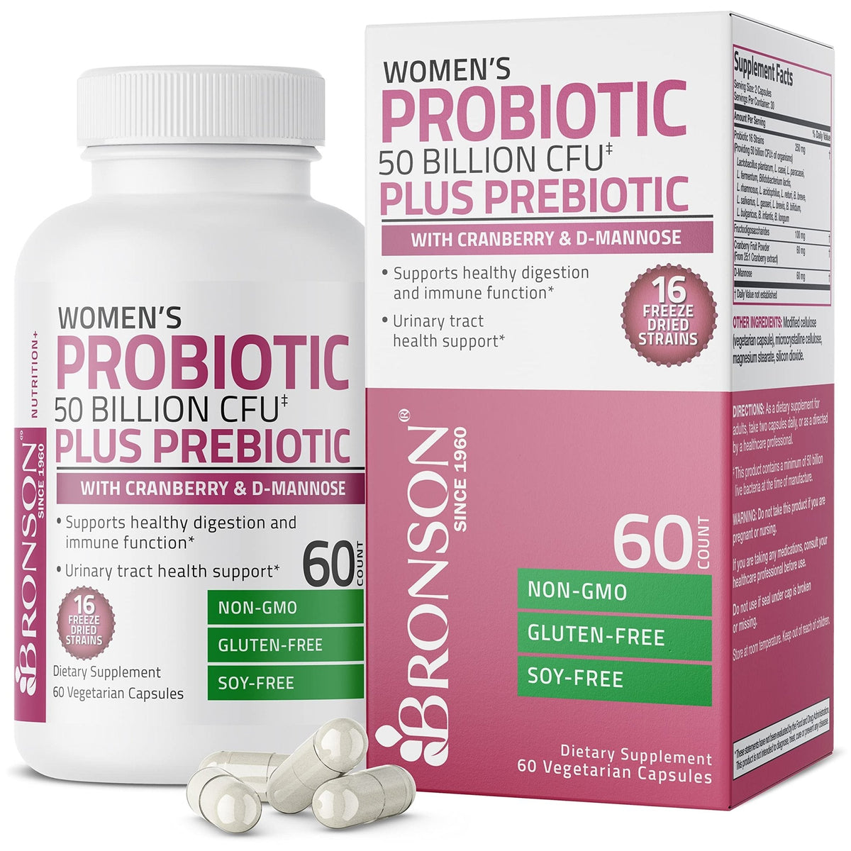 Bronson Women's Probiotic 50 Billion CFU + Prebiotic with Cranberry & D-Mannose – Vaginal Health, Healthy Digestion, Immune Function and Urinary Tract Support, Non-GMO, 60 Vegetarian Capsules - PrimeBioHealth - canada supplements