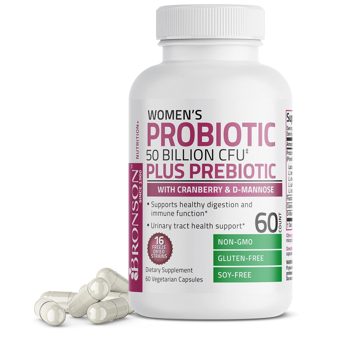 Bronson Women's Probiotic 50 Billion CFU + Prebiotic with Cranberry & D-Mannose – Vaginal Health, Healthy Digestion, Immune Function and Urinary Tract Support, Non-GMO, 60 Vegetarian Capsules - PrimeBioHealth - canada supplements