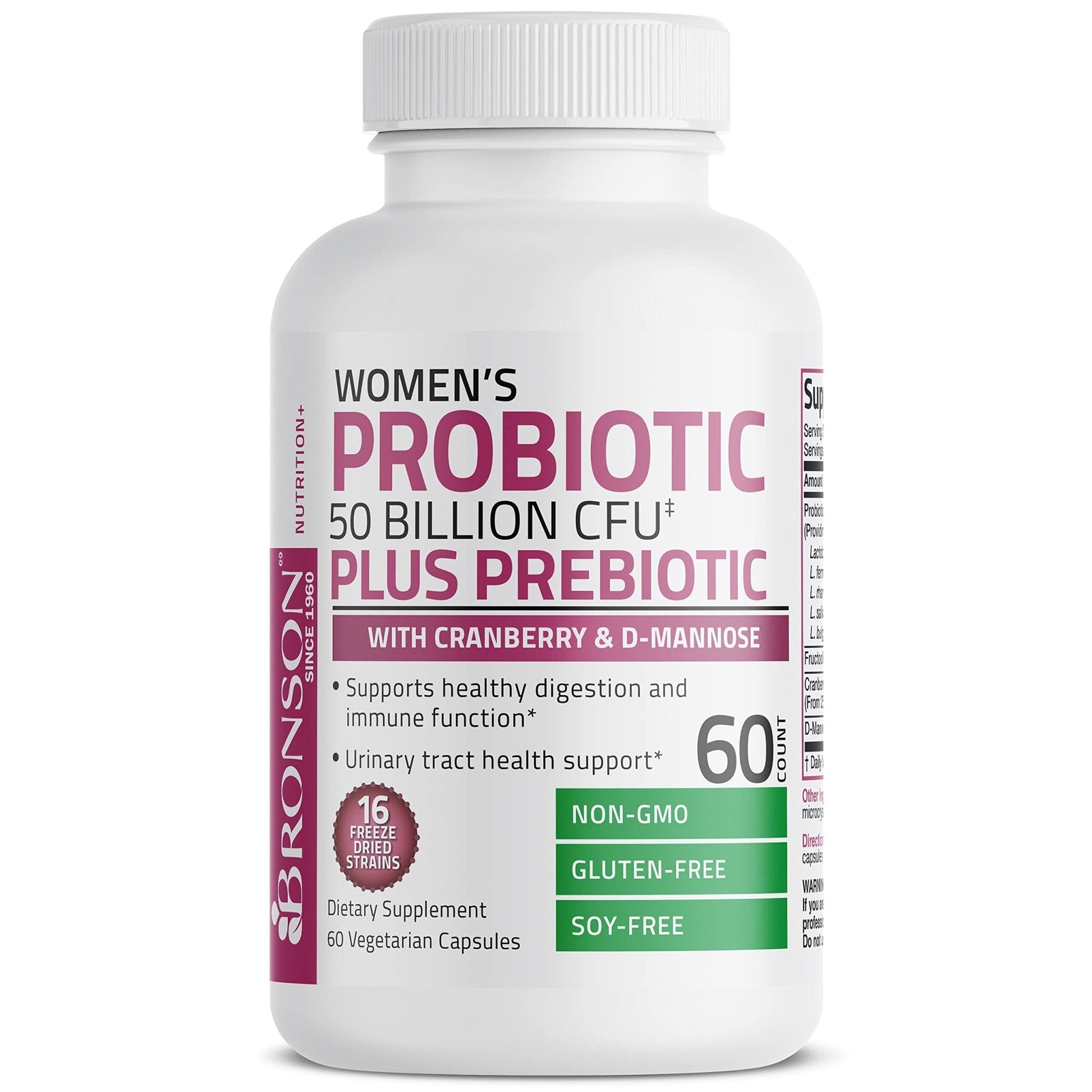 Bronson Women's Probiotic 50 Billion CFU + Prebiotic with Cranberry & D-Mannose – Vaginal Health, Healthy Digestion, Immune Function and Urinary Tract Support, Non-GMO, 60 Vegetarian Capsules - PrimeBioHealth - canada supplements