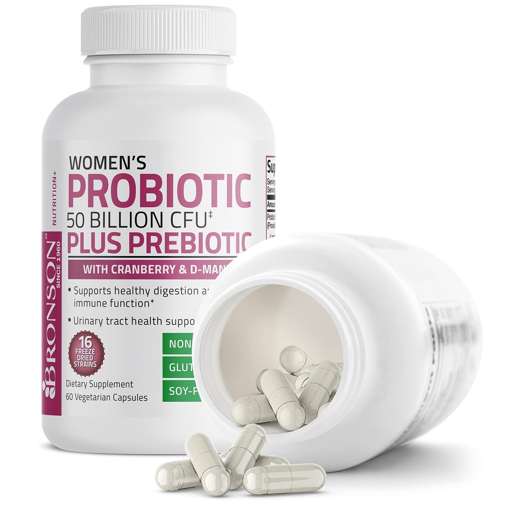 Bronson Women's Probiotic 50 Billion CFU + Prebiotic with Cranberry & D-Mannose – Vaginal Health, Healthy Digestion, Immune Function and Urinary Tract Support, Non-GMO, 60 Vegetarian Capsules - PrimeBioHealth - canada supplements