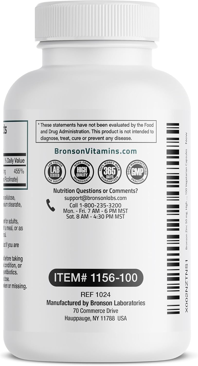 Bronson Zinc 50mg Complex High Potency Immune Support Supplement & Antioxidant and Skin Health - Non GMO, 100 Vegetarian Capsules - PrimeBioHealth - canada supplements