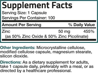 Bronson Zinc 50mg Complex High Potency Immune Support Supplement & Antioxidant and Skin Health - Non GMO, 100 Vegetarian Capsules - PrimeBioHealth - canada supplements