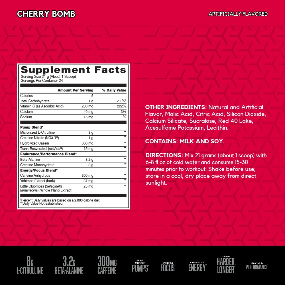 BSN N.O.-XPLODE Vaso Pre Workout Powder with 8g of L-Citrulline and 3.2g Beta-Alanine and Energy, Flavor: Cherry Bomb, 24 Servings - PrimeBioHealth - canada supplements
