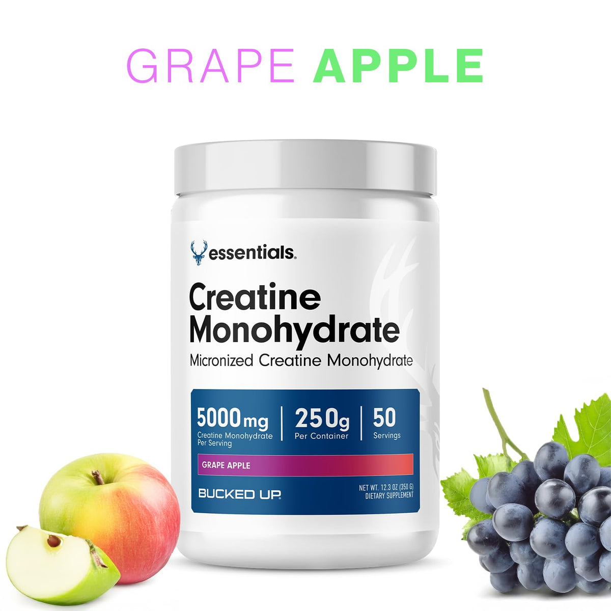 Bucked Up Grape Apple Creatine for Women and Men - Easy to Mix Vegetarian - Flavored Creatine Monohydrate Powder - Made in USA - 5G Per Serving - 50 Servings - 250 Grams Per Container - PrimeBioHealth - canada supplements