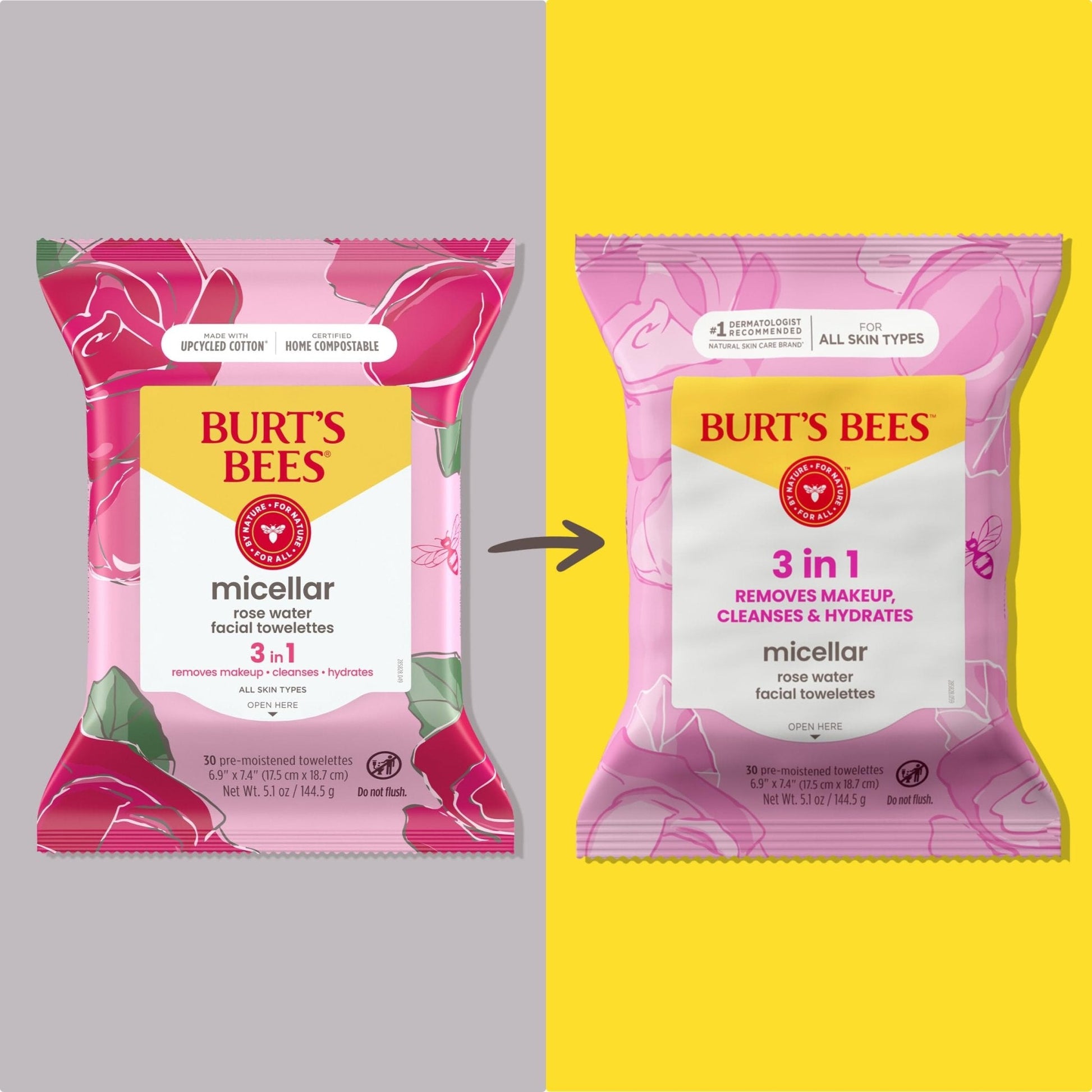 Burt’s Bees Micellar Rose Water Facial Towelettes, 100% Plant Based Cloth; 99% Natural Origin; Remove Makeup, Cleanse, Hydrate; No Oily Residue; All Skin Types; 30 Ct, Pack of 3 (Pack May Vary) - PrimeBioHealth - canada supplements