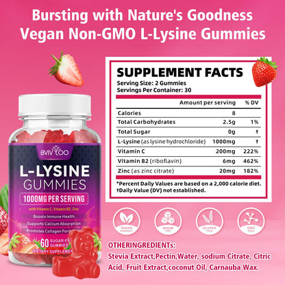 BVIVLOO L-Lysine 1000mg Gummies for Immune Support & Skin Health - High Potency Vegan Gummies, Sugar-Free, Natural Berry Flavor, Gluten-Free Chewable Supplement - PrimeBioHealth - canada supplements