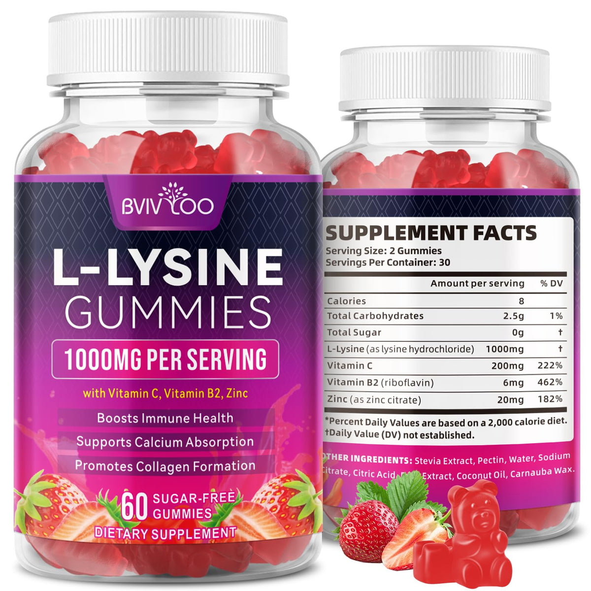 BVIVLOO L-Lysine 1000mg Gummies for Immune Support & Skin Health - High Potency Vegan Gummies, Sugar-Free, Natural Berry Flavor, Gluten-Free Chewable Supplement - PrimeBioHealth - canada supplements