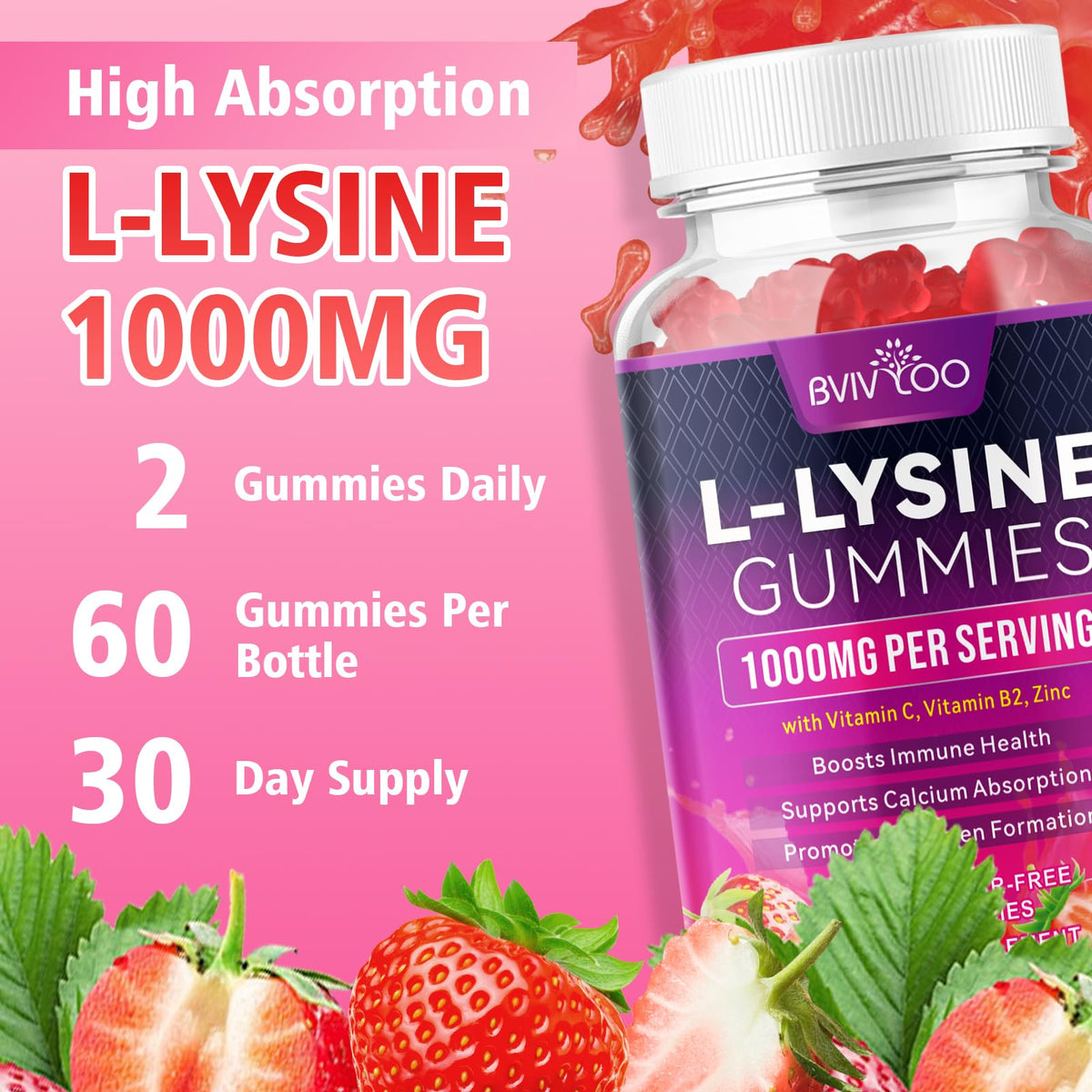 BVIVLOO L-Lysine 1000mg Gummies for Immune Support & Skin Health - High Potency Vegan Gummies, Sugar-Free, Natural Berry Flavor, Gluten-Free Chewable Supplement - PrimeBioHealth - canada supplements