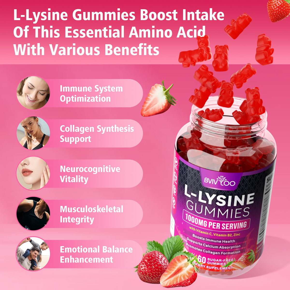 BVIVLOO L-Lysine 1000mg Gummies for Immune Support & Skin Health - High Potency Vegan Gummies, Sugar-Free, Natural Berry Flavor, Gluten-Free Chewable Supplement - PrimeBioHealth - canada supplements