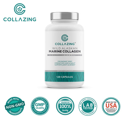 C COLLAZING - Alaskan Wild-Caught Marine Collagen Peptides with Hyaluronic Acid & Vitamin C - Supports Skin, Hair, Nails, Joints & Bones - Type 1 & 3 Collagen - PrimeBioHealth - canada supplements