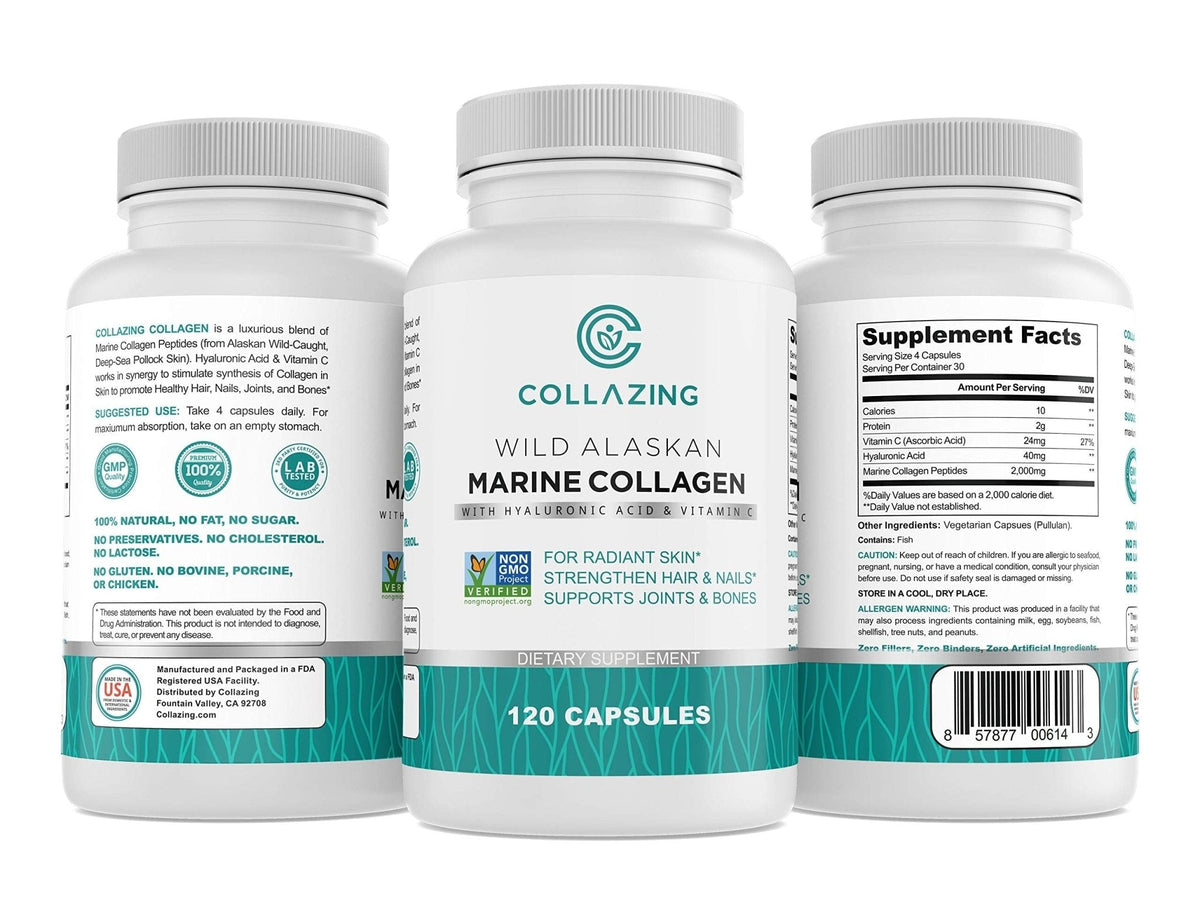C COLLAZING - Alaskan Wild-Caught Marine Collagen Peptides with Hyaluronic Acid & Vitamin C - Supports Skin, Hair, Nails, Joints & Bones - Type 1 & 3 Collagen - PrimeBioHealth - canada supplements