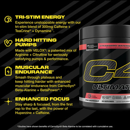 C4 Ultimate Pre Workout Powder Watermelon - Sugar Free Preworkout Energy Supplement for Men & Women - 300mg Caffeine + 3.2g Beta Alanine - PrimeBioHealth - canada supplements