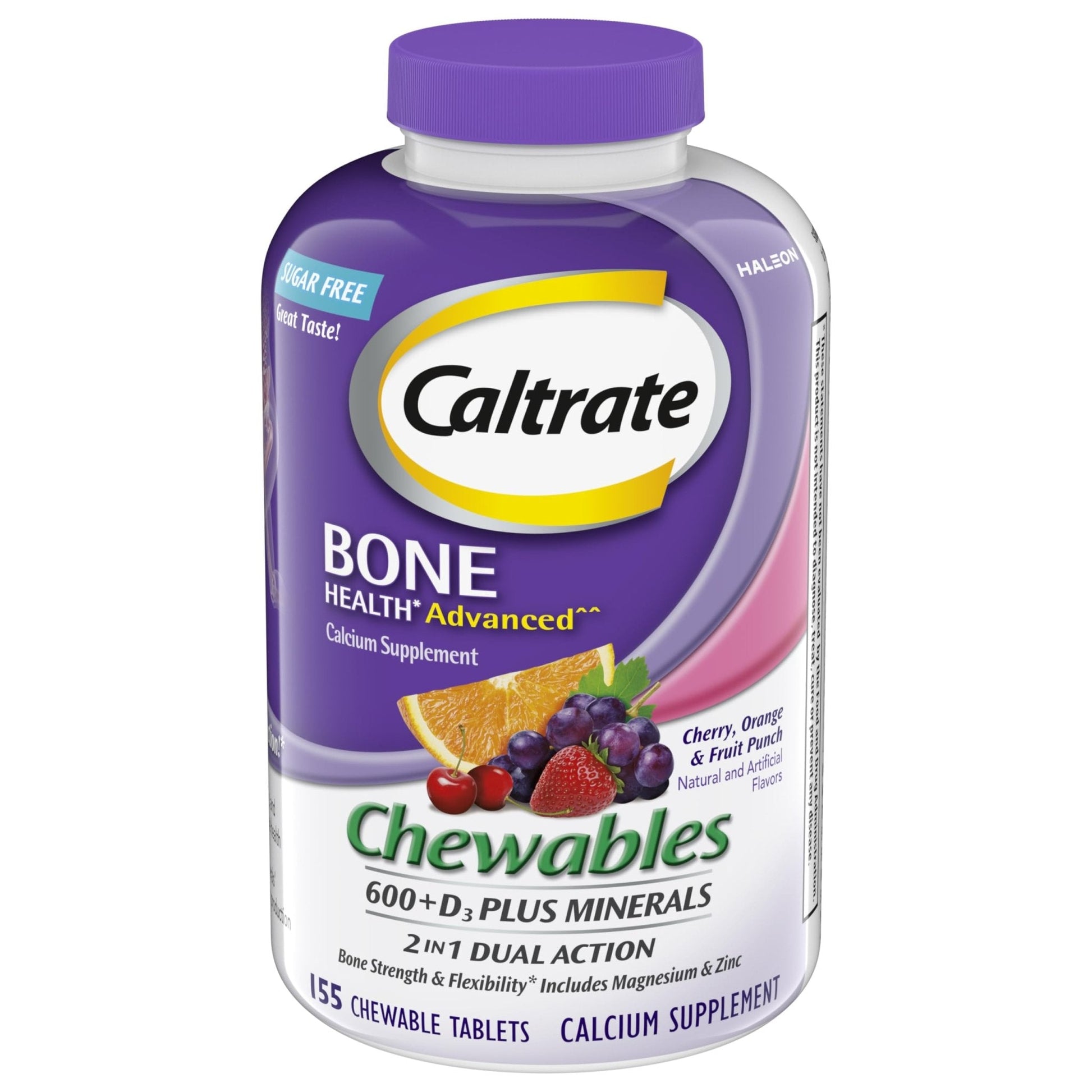 Caltrate Chewables 600 +D3 Plus Minerals Calcium and Vitamin D, Sugar Free, Cherry, Orange and Fruit Punch, 155 count - PrimeBioHealth - canada supplements