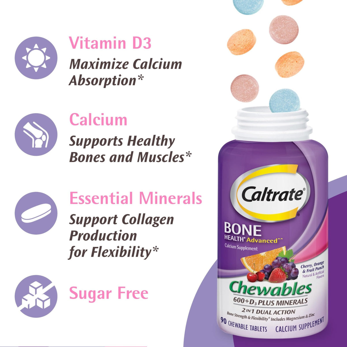 Caltrate Chewables 600 +D3 Plus Minerals Calcium and Vitamin D, Sugar Free, Cherry, Orange and Fruit Punch, 155 count - PrimeBioHealth - canada supplements