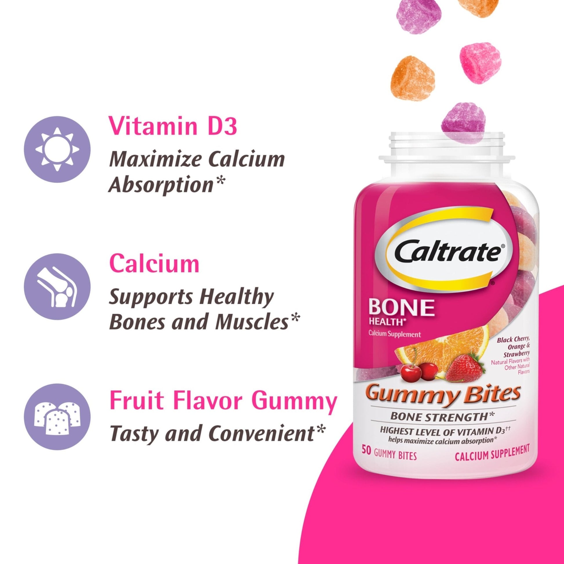 Caltrate Gummy Bites 500 mg Calcium and Vitamin D Supplement, Black Cherry, Strawberry, Orange - 100 Count - PrimeBioHealth - canada supplements